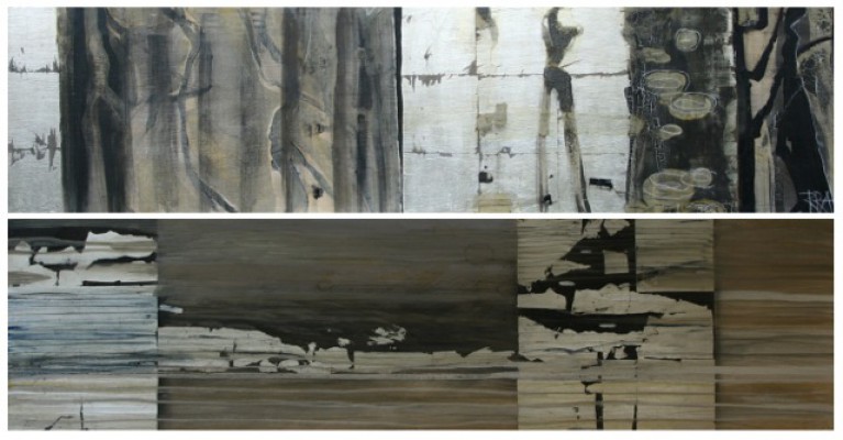 Kaltes Land, Diptychon , 2013. 2x (50x150 cm) , Öl/Lack/Alu-MT auf Holz