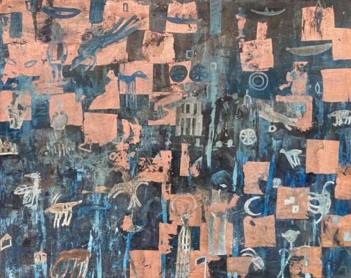 Now and then , 2023. 150 x 120 cm, Öl,Lack, Schlagmetall 